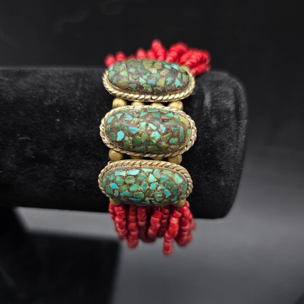 Turquoise Inlay Brass Bracelet Coral Glass Beaded Tibetian